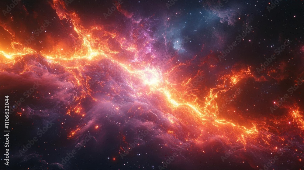 Fototapeta premium A stunning cosmic scene depicting vibrant orange and purple nebulae, showcasing the beauty and mystery of the universe.