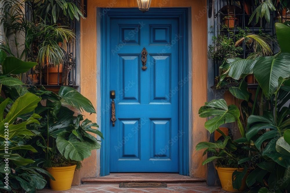Fototapeta premium charming front entrance of a home featuring a vivid blue door, complemented by lush greenery and inviting pathway, reflecting warmth and hospitality