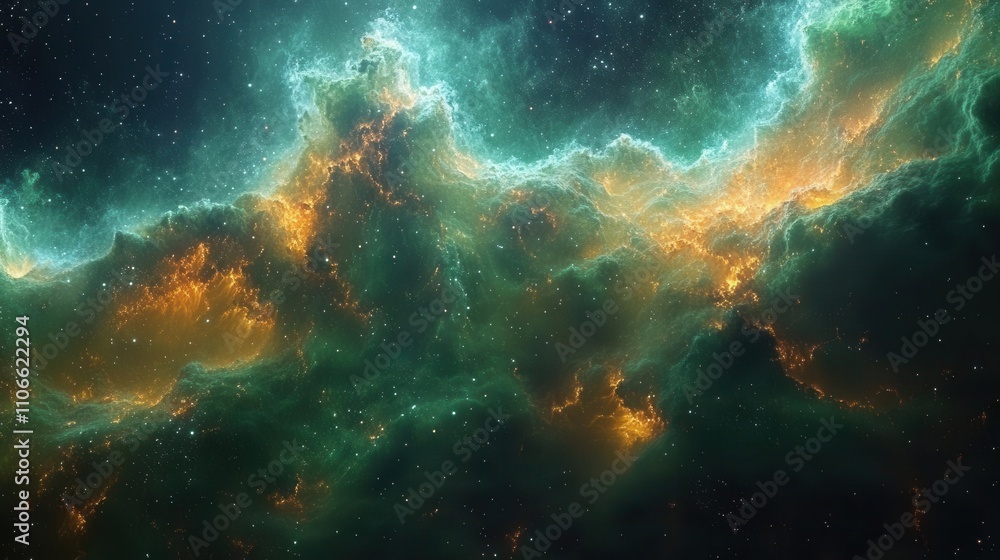 Fototapeta premium A mesmerizing cosmic scene featuring vibrant clouds of gas and dust illuminated by distant stars, showcasing the beauty of the universe.