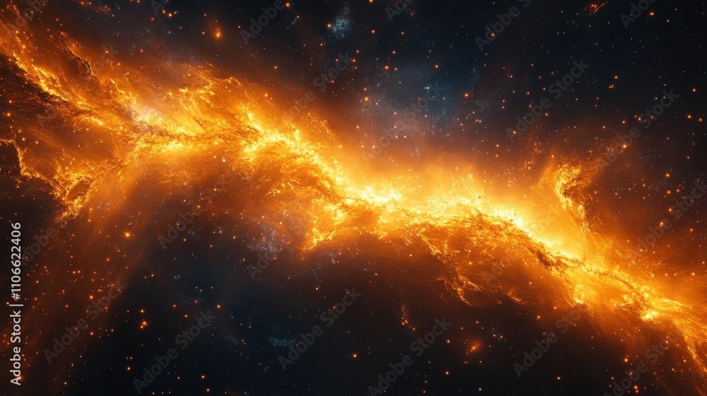 A stunning cosmic scene featuring vibrant fiery colors illuminating a vast expanse of space, showcasing the beauty of celestial phenomena.