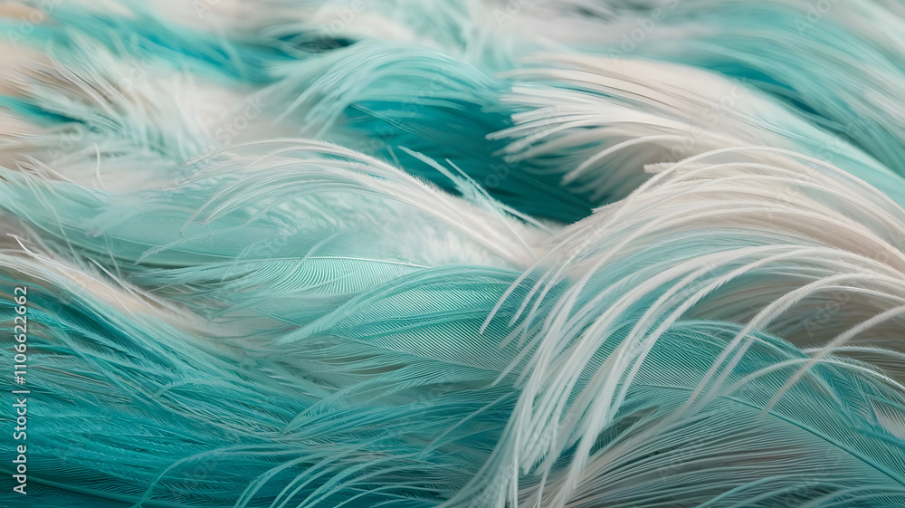 Obraz premium Plumage, feather, texture, abstract, nature, pattern, fluidity, movement, turquoise, teal, white, peach, wisp, ethereal, delicate, organic, dreamlike, calming, serene, weightless, mesmerizing, visual,