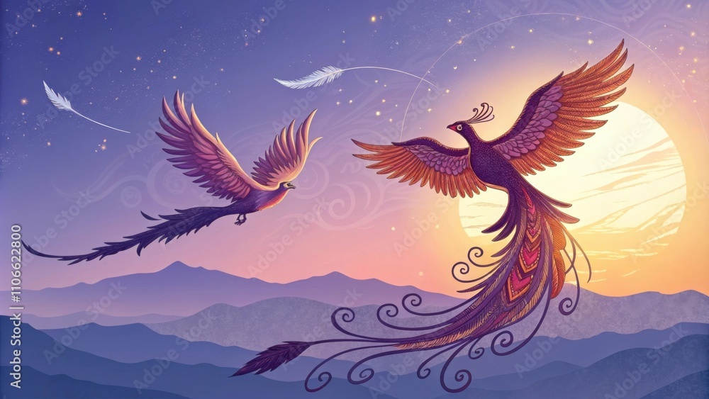 Fototapeta premium Symbol of Renewal One phoenix spirals upward its wings spread wide while the other glides just beneath. The sky behind them transitions from deep indigo to soft lavender and the