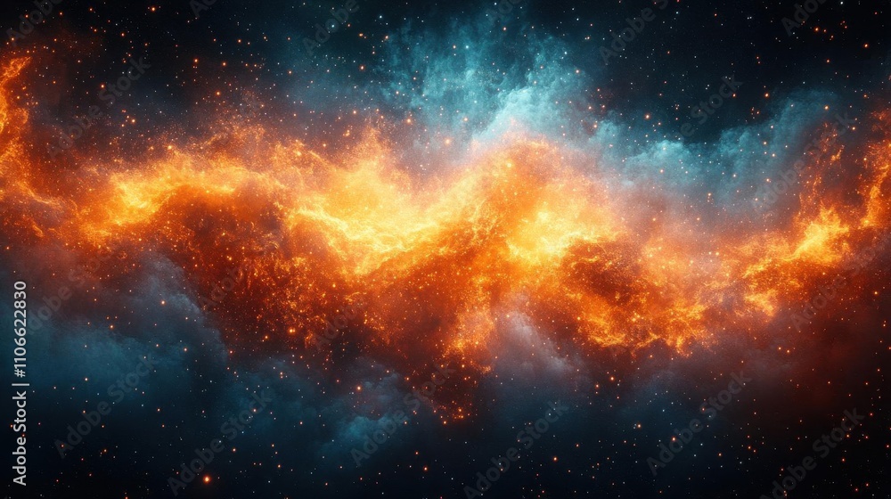 Naklejka premium A vibrant cosmic scene featuring swirling orange and blue gases against a dark backdrop, suggesting the grandeur of a nebula or interstellar phenomenon.