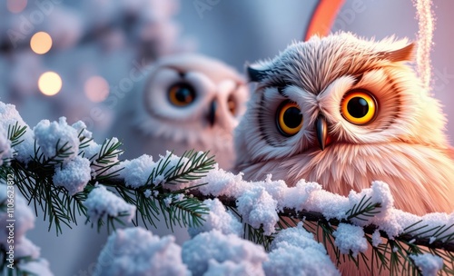 owl christmas New year composition with owl and snow-covered pine branch  animal, decoration, season, bird photo