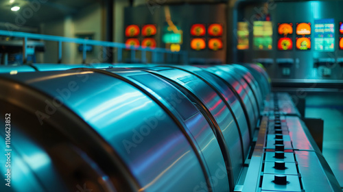 Close-up of sleek metallic nuclear payload container in modern control room, showcasing high-tech security and precision in nuclear operations.