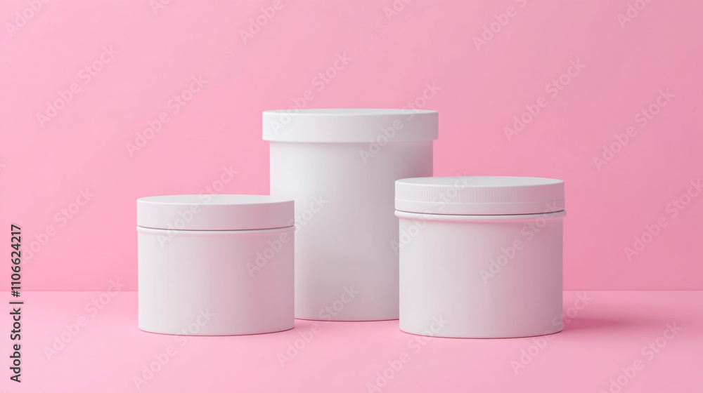 Modern minimalistic containers arranged on a pink background for packaging design Modern minimalistic containers arranged on a pink background for packaging design