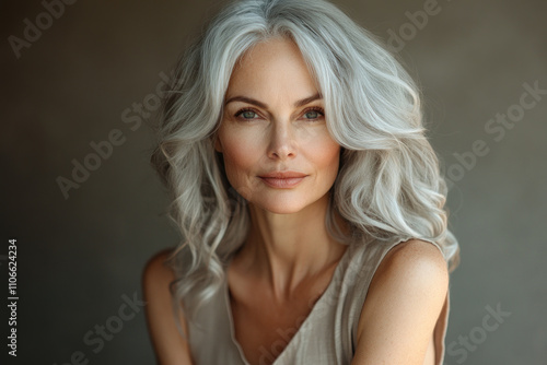 Woman with grey hair in a white dress admiring a sunset on a peaceful beach.