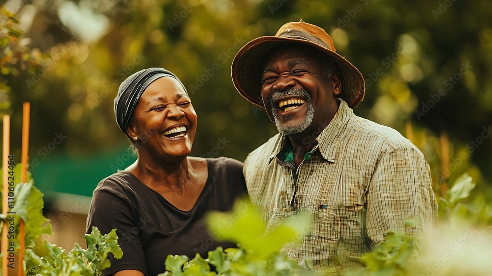 Senior couple laughing while gardening together Senior couple laughing while gardening together