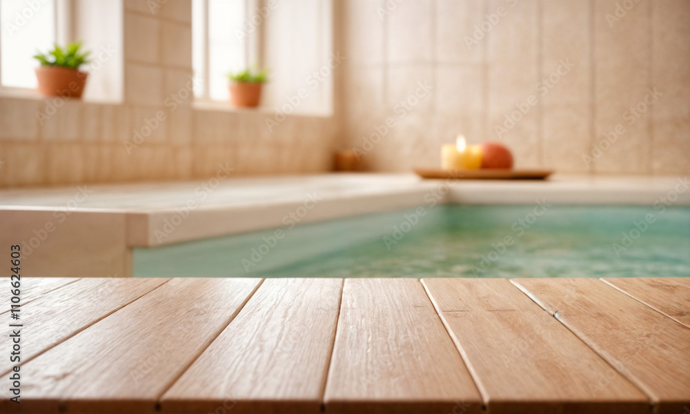 A serene and minimalist bathroom featuring warm wooden elements and a freestanding bathtub A serene and minimalist bathroom featuring warm wooden elements and a freestanding bathtub