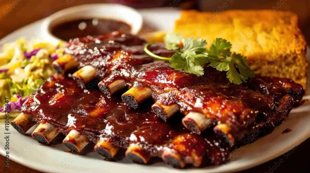 A mouthwatering plate of BBQ ribs slathered in tangy sauce and served with coleslaw and cornbread, Ribs plate centered, Warm studio lighting accentuating the caramelization on the ribs A mouthwatering plate of BBQ ribs slathered in tangy sauce and served with coleslaw and cornbread, Ribs plate centered, Warm studio lighting accentuating the caramelization on the ribs