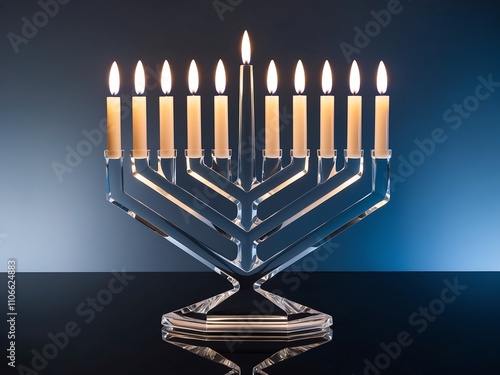 Celebrating Hanukkah 2025 with a stunning menora lit and shining brightly in a festive atmosphere. Generative AI