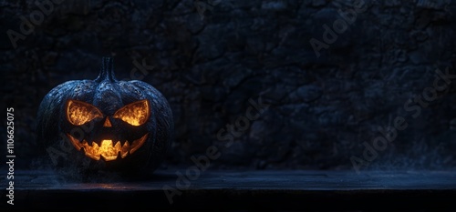 A scary spooky glowing carved halloween pumpkin lantern, Jack O' Lanterns, on the left of a wooden product display bench on a scary halloween night with a dark stone wall background lit from above. photo