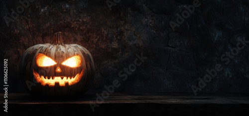 A scary spooky glowing carved halloween pumpkin lantern, Jack O' Lanterns, on the left of a wooden product display bench on a scary halloween night with a dark stone wall background lit from above. photo