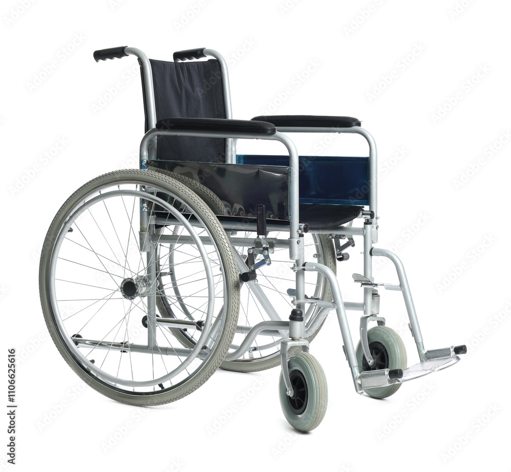New modern empty wheelchair isolated on white New modern empty wheelchair isolated on white