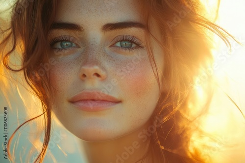 close-up portrait of a radiant woman basking in bright sunlight, her features illuminated, highlighting her natural beauty and joyful expression