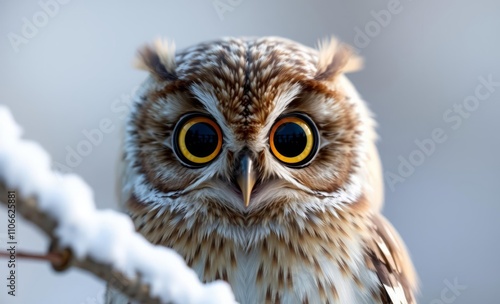 Cute owl, wide eyes, perched on snow-covered branch, detailed feathers, winter scene, soft lighting, focused close-up, serene expression, small brown owl, natural habitat.
 photo