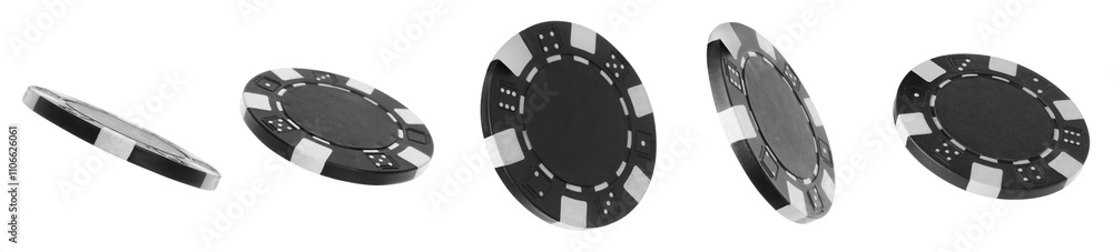 Black casino chip isolated on white, collage Black casino chip isolated on white, collage