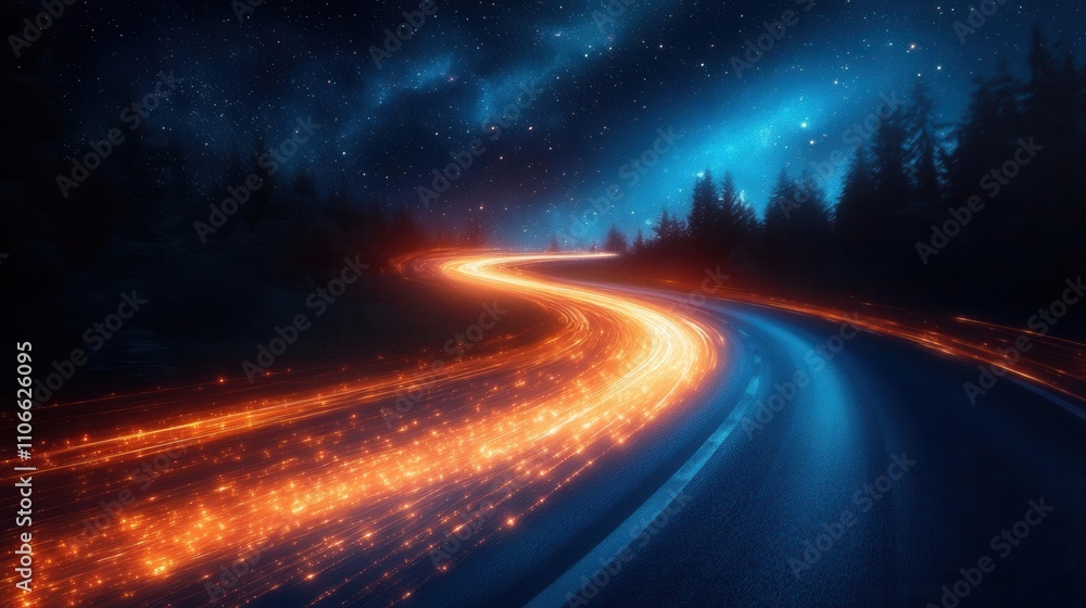 A winding road illuminated by vibrant streaks of light under a starry sky, surrounded by dark silhouettes of trees. A winding road illuminated by vibrant streaks of light under a starry sky, surrounded by dark silhouettes of trees.