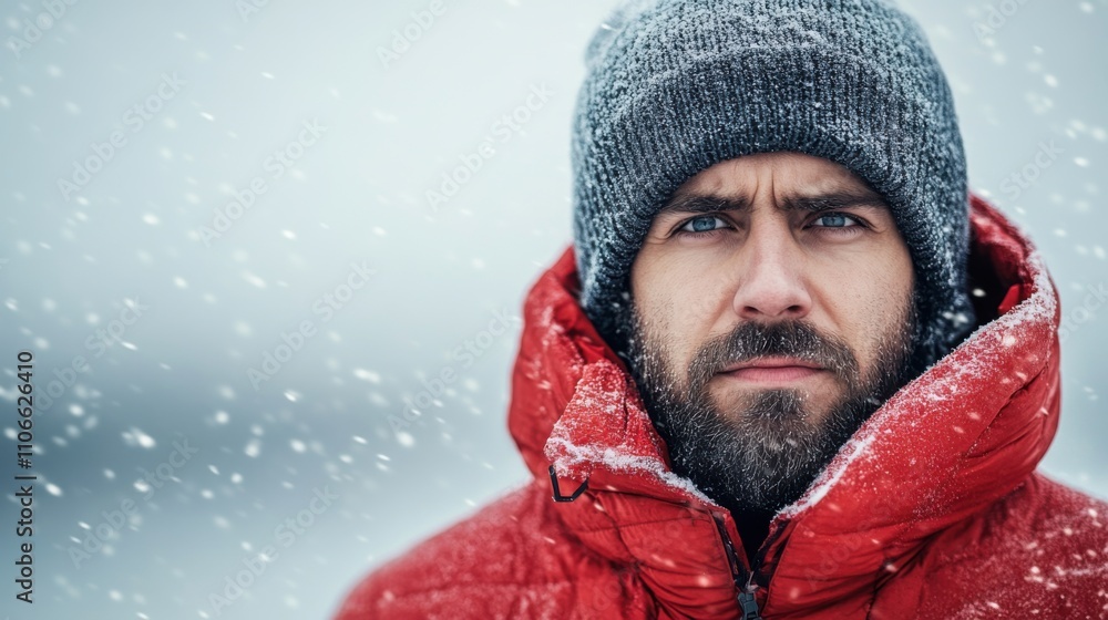 A focused man with a beard wearing a red winter jacket and gray beanie stands in a snowy landscape while snowflakes gently fall around him, creating a serene winter atmosphere. A focused man with a beard wearing a red winter jacket and gray beanie stands in a snowy landscape while snowflakes gently fall around him, creating a serene winter atmosphere.