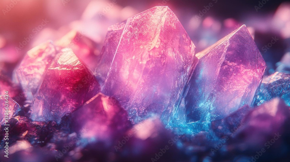 A vibrant, close-up view of crystalline structures featuring shades of pink and blue, reflecting light beautifully. A vibrant, close-up view of crystalline structures featuring shades of pink and blue, reflecting light beautifully.