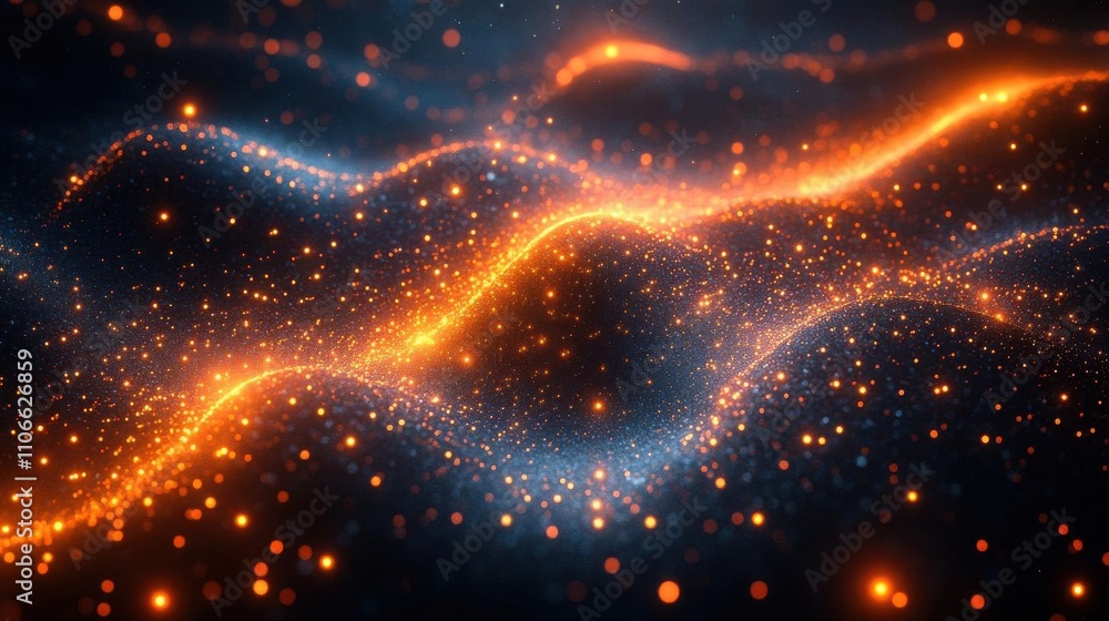 A vibrant, abstract image featuring flowing waves of light in orange and blue, scattered with glowing particles, creating a dynamic visual effect. A vibrant, abstract image featuring flowing waves of light in orange and blue, scattered with glowing particles, creating a dynamic visual effect.