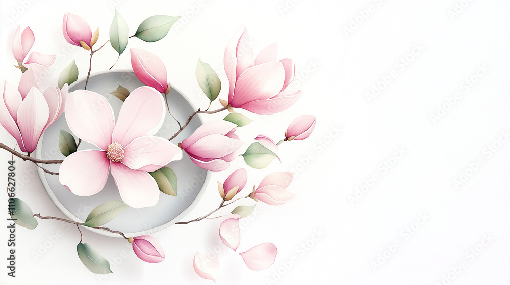 Watercolor art of a magnolia branch resting on a glass table with delicate reflections Watercolor art of a magnolia branch resting on a glass table with delicate reflections