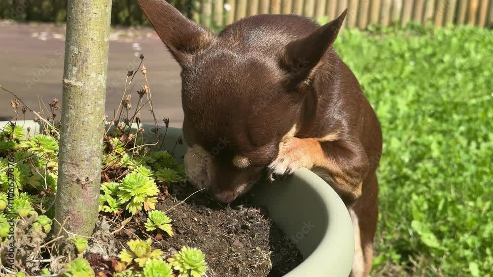 A curious brown Chihuahua with tan markings leaning over the edge of a green planter, inspecting the soil and plants A curious brown Chihuahua with tan markings leaning over the edge of a green planter, inspecting the soil and plants