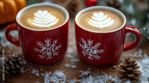 Célébration festive des deux tasses de café ornées dentrelacs de neige en blanc sur rouge photo