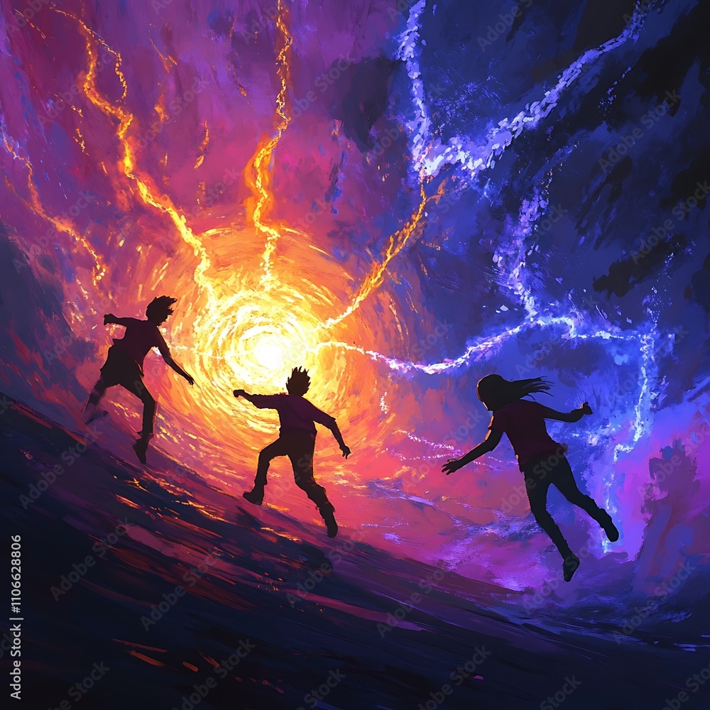 Naklejka premium Three Silhouettes Leap Toward a Vibrant, Abstract Sky.