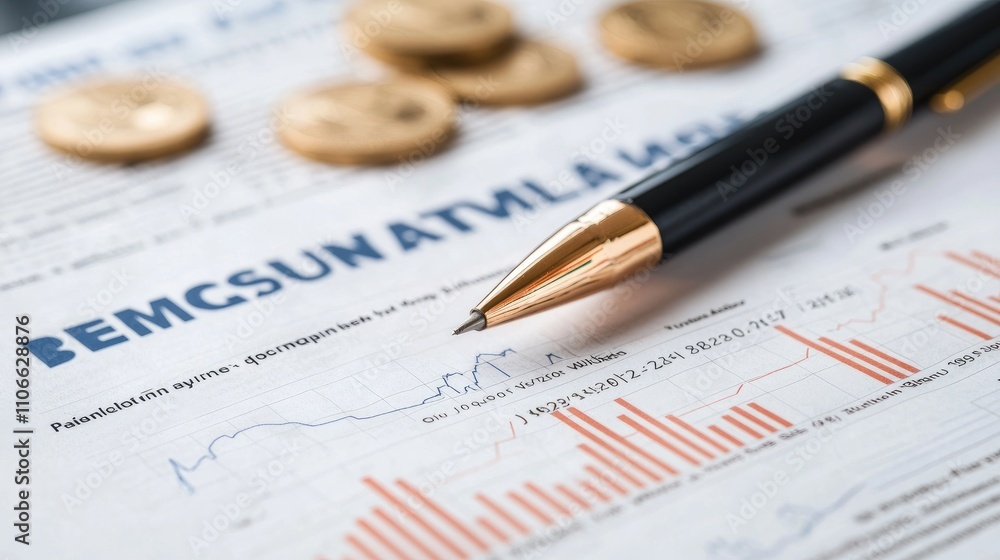 Financial Growth Analysis with Trend Graph and Pen on Table Surrounded by Coins, Representing Economic Progress and Investment Strategies in Business Financial Growth Analysis with Trend Graph and Pen on Table Surrounded by Coins, Representing Economic Progress and Investment Strategies in Business