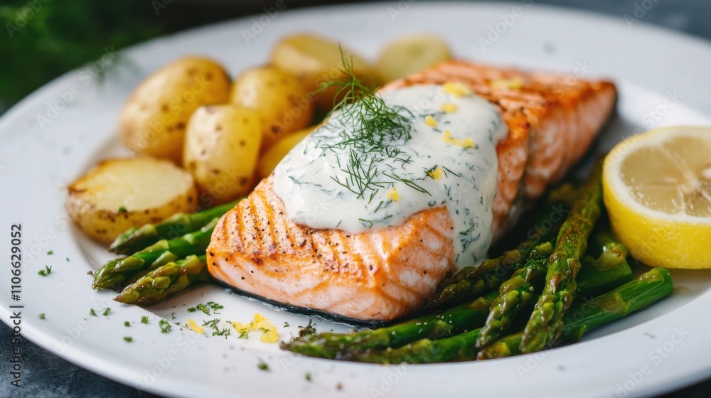 A mouthwatering plate of grilled salmon fillet topped with dill sauce, served with roasted potatoes and steamed asparagus, Salmon plate centered