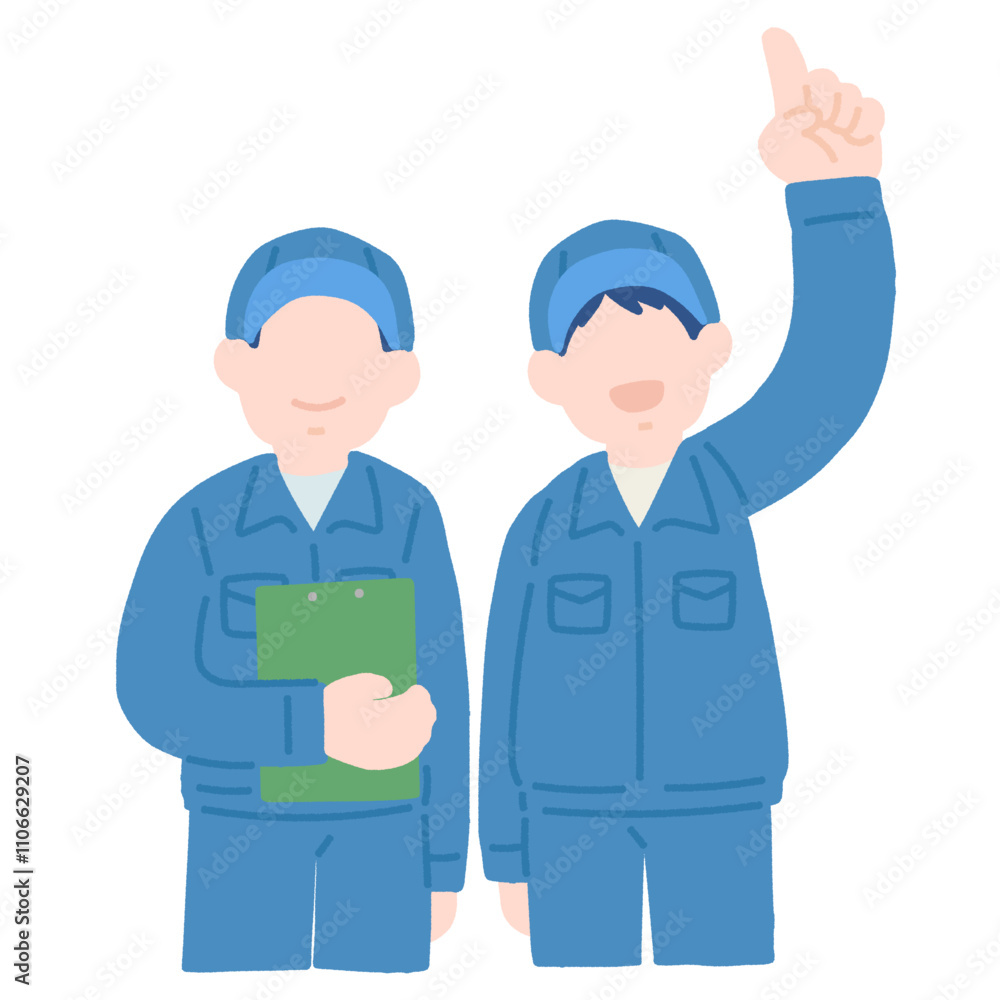 上を指さしながら見上げる作業服を着た男性2人のフラットなイラスト
上を指さしながら見上げる作業服を着た男性2人のフラットなイラスト