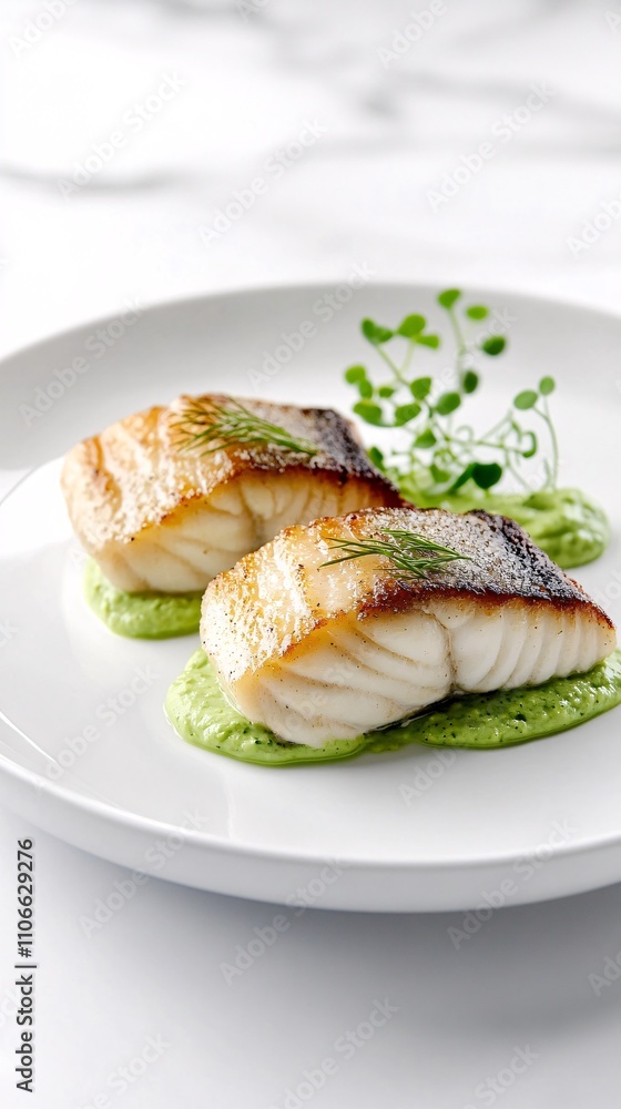 Butterfish with Wasabi Mayonnaise on a white plate and a white background photographed at a 45 degree angle, white fish fillet, pale green wasabi mayo, microgreens garnish, professional food photograp Butterfish with Wasabi Mayonnaise on a white plate and a white background photographed at a 45 degree angle, white fish fillet, pale green wasabi mayo, microgreens garnish, professional food photograp