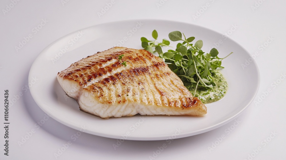 Butterfish with Wasabi Mayonnaise on a white plate and a white background photographed at a 45 degree angle, white fish fillet, pale green wasabi mayo, microgreens garnish, professional food photograp Butterfish with Wasabi Mayonnaise on a white plate and a white background photographed at a 45 degree angle, white fish fillet, pale green wasabi mayo, microgreens garnish, professional food photograp