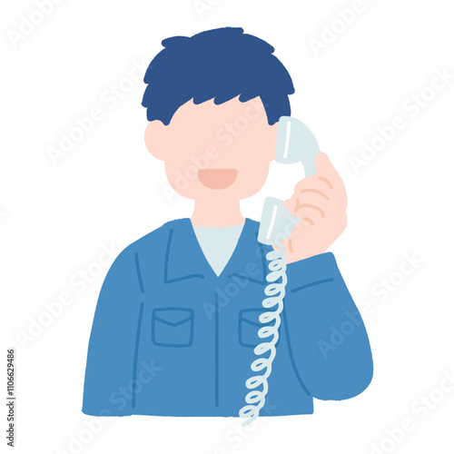 固定電話で通話している作業服を着た男性のフラットなイラスト
