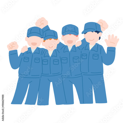 楽しそうに肩を組む作業服を着た男性4人のフラットなイラスト
