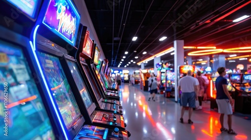 Vibrant Arcade Scene Featuring Classic and Modern Gaming Machines with Neon Lights and Enthusiastic Players Enjoying a Fun-Filled Entertainment Experience