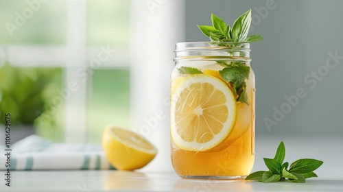 Refreshing Lemon Mint Beverage in a Glass Jar Surrounded by Fresh Ingredients on a Light Background Perfect for a Summer Drink Advertisement or Healthy Lifestyle Promotion