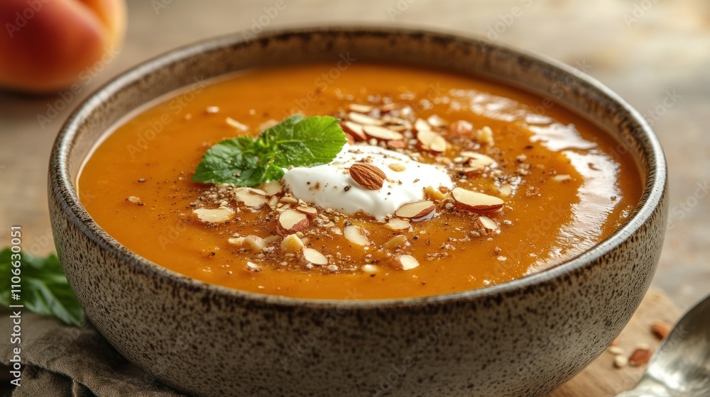 Rustic apricot soup served with crushed almonds and a dollop of sour cream, Rustic apricot soup served with crushed almonds and a dollop of sour cream,
