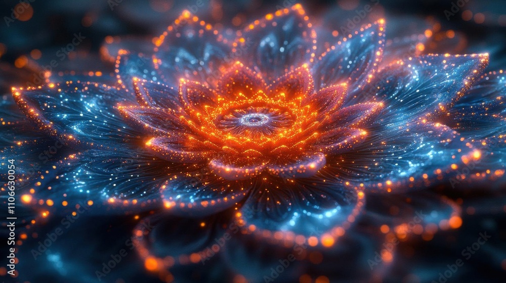 A vibrant, glowing lotus flower design in blue and orange hues, emphasizing intricate patterns and a sense of tranquility. A vibrant, glowing lotus flower design in blue and orange hues, emphasizing intricate patterns and a sense of tranquility.