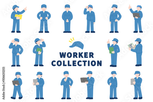 いろいろなポーズをした作業服を着た男性[全身]のフラットなイラスト(セット)
