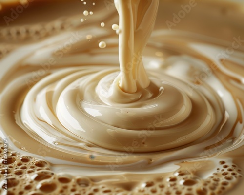 A creamy liquid is swirling in a light brown beverage, creating mesmerizing patterns and bubbles as it flows. photo