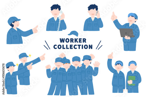作業服を着た男性[上半身]のフラットなイラスト(セット)
