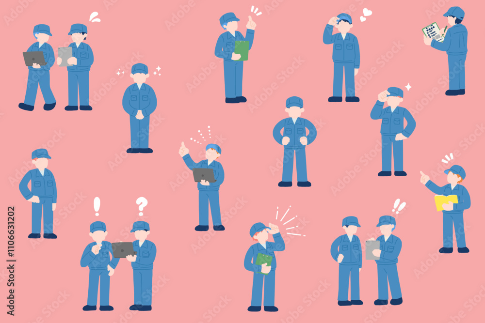 作業服を着た男性と簡単な絵文字のフラットなイラスト(セット)
