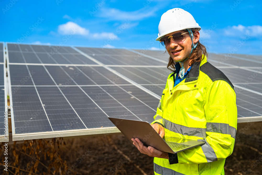 A confident solar energy technician, wearing a helmet and reflective jacket, stands with arms crossed in front of an array of photovoltaic panels, under a bright and clear blue sky. A confident solar energy technician, wearing a helmet and reflective jacket, stands with arms crossed in front of an array of photovoltaic panels, under a bright and clear blue sky.
