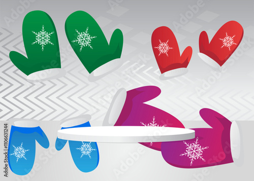 Mockup product display with Mitten Glove. Vector cylinder pedestal podium. Stage showcase for presentation. Minimal geometric forms.