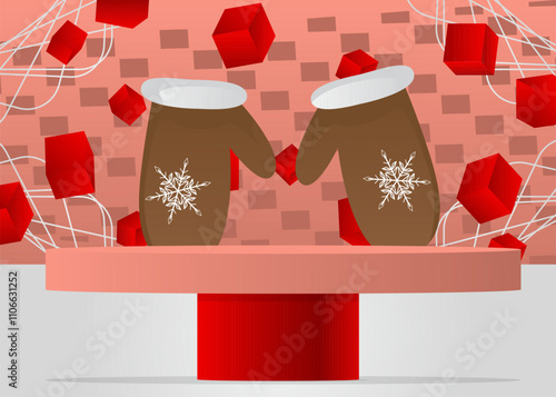 Mockup product display with Mitten Glove. Vector cylinder pedestal podium. Stage showcase for presentation. Minimal geometric forms.