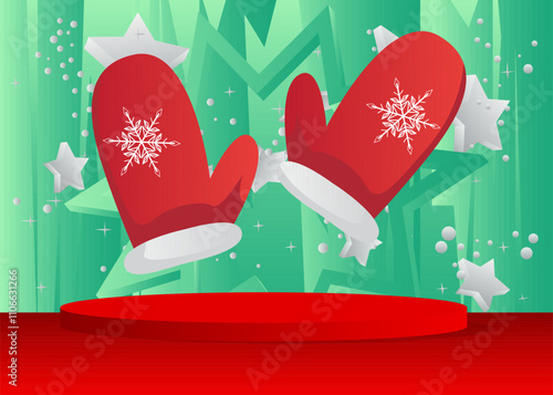 Mockup product display with Mitten Glove. Vector cylinder pedestal podium. Stage showcase for presentation. Minimal geometric forms.