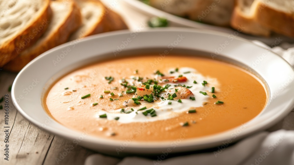 A mouthwatering plate of lobster bisque soup garnished with a drizzle of cream and chopped chives, Bisque plate centered, Soft natural light accentuating the richness of the soup A mouthwatering plate of lobster bisque soup garnished with a drizzle of cream and chopped chives, Bisque plate centered, Soft natural light accentuating the richness of the soup
