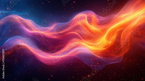 A vibrant abstract design featuring flowing waves of color, blending shades of orange, pink, and blue against a dark background, evoking energy and motion.